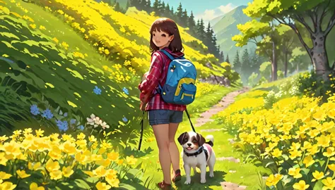 tips: very attractive girl with backpack and cute puppy、enjoying a lovely spring outing surrounded by beautiful yellow flowers a...