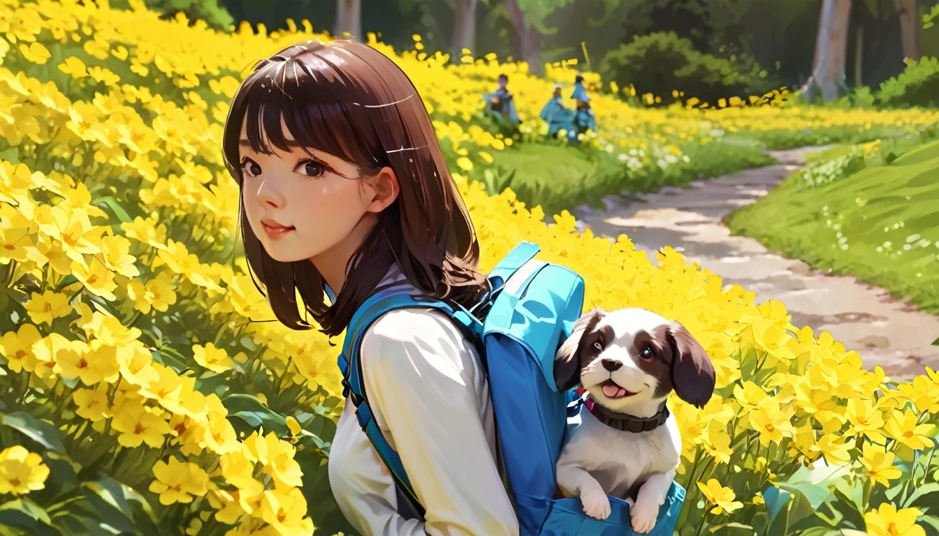 Tips: Very attractive girl with backpack and cute puppy、Enjoying a lovely spring outing surrounded by beautiful yellow flowers and nature。. The illustrations are high definition illustrations with 4K resolution., Featuring highly detailed facial features and cartoon-style visuals.  