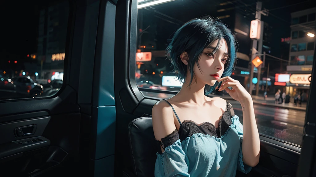 High quality, 16k, 8k, HD, best quality, black and cyan hair color, short hair, perfect face, beautiful, without makeup, restless face, looking out the window, nighttime, midnight, quiet, cyberpunk, nightgown, midnight, feeling uncomfortable, oppai, faceless 