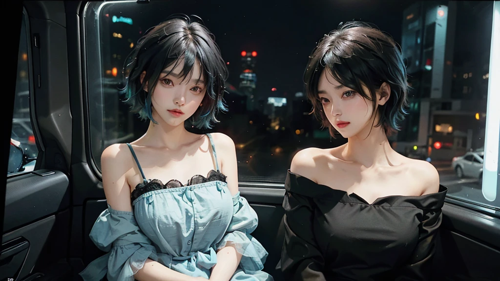 High quality, 16k, 8k, HD, best quality, black and cyan hair color, short hair, perfect face, beautiful, without makeup, restless face, looking out the window, nighttime, midnight, quiet, cyberpunk, nightgown, midnight, feeling uncomfortable, oppai, faceless 