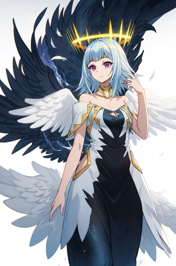 Meisterwerk, beste Qualität, AltSiaV4, 1 Mädchen, Allein, weißer Hintergrund, Kleid, wings, Heiligenschein, gefiederte Flügel, angel wings, angel, mehrere Flügel, 