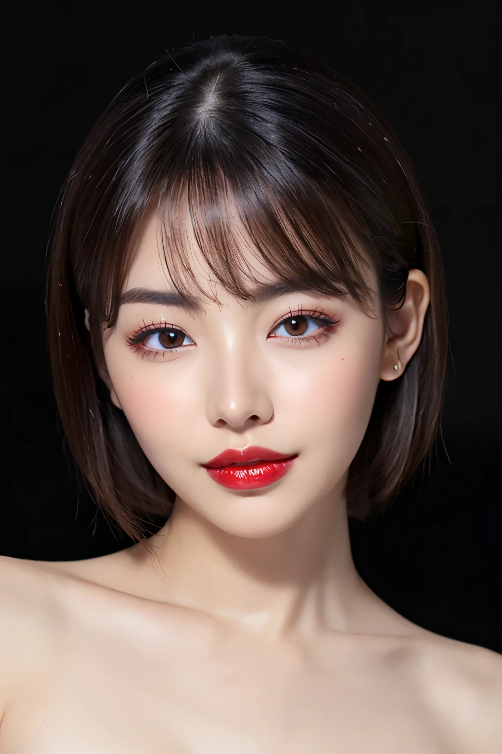 (Highest quality、Tabletop、8k、Best image quality、Award-winning works)、Cute beauty、(Short Bob Hair:1.1)、(nude:1.5)、(The simplest pure black background:1.5)、(Face close-up:1.6)、Accentuate your body lines、Beautiful and exquisite、Expressionless、(look straight at me:1.1)、(Stand upright facing forward:1.1)、(Perfect Makeup:1.1)、(Bright lipstick:1.1)、Ultra-high definition beauty face、Ultra HD Hair、Ultra HD Shining Eyes、(Closed lips:1.1)、Super high quality vibrant glossy lip、Accurate anatomy、Very beautiful skin、Ultra-high resolution for beautiful, glowing skin、An elegant upright posture when viewed from the front