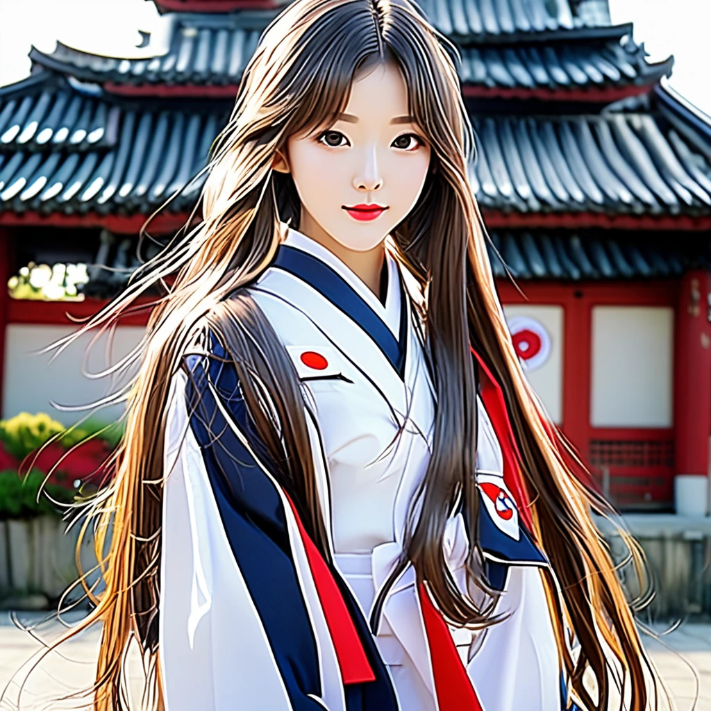 Korean girl, long hair, wearing japan uniform, poses to camera, Anime style