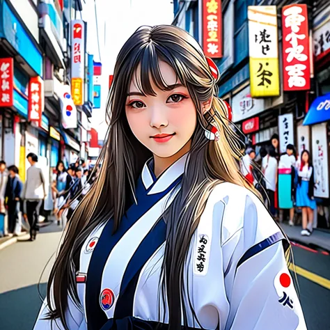 Korean girl, long hair, wearing japan uniform, poses to camera, Anime style