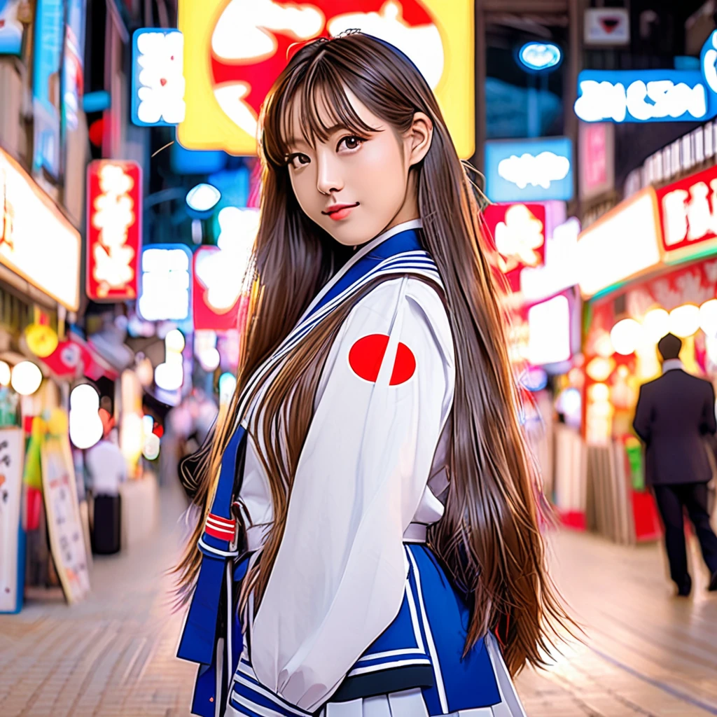 Korean girl, long hair, wearing japan uniform, poses to camera, Anime style