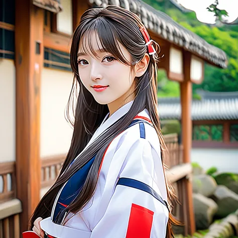 Korean girl, long hair, wearing japan uniform, poses to camera, Anime style