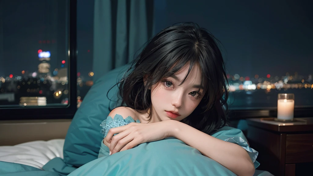 ((High quality, 8k, perfect quality, realistic)), beautiful, perfect face, gazing out the window, nighttime, ((dark room)), Before sleeping, restless, short nightgown, staring at the window, city night view, hair color black and cyan, night city