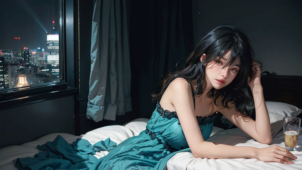 ((High quality, 8k, perfect quality, realistic)), beautiful, perfect face, gazing out the window, nighttime, ((dark room)), Before sleeping, restless, short nightgown, staring at the window, city night view, hair color black and cyan, night city