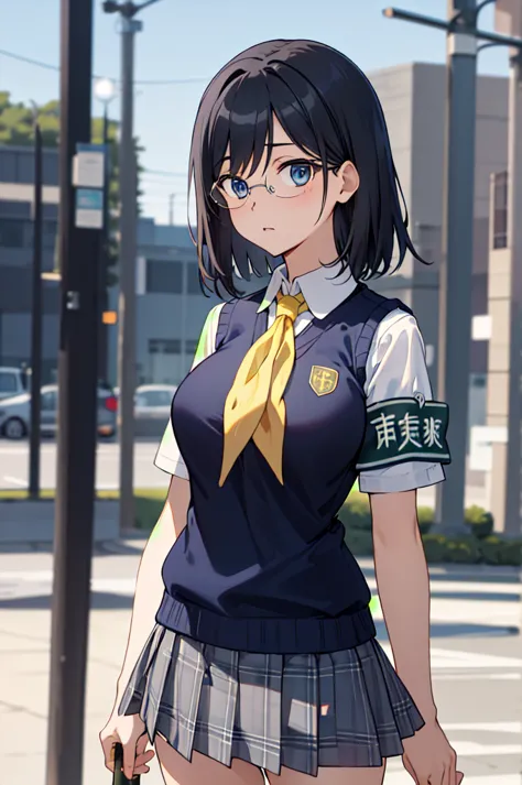 masterpiece, best quality, highres, aamii, short hair, black hair, blue eyes, glasses, , yellow neckerchief, collared shirt, swe...