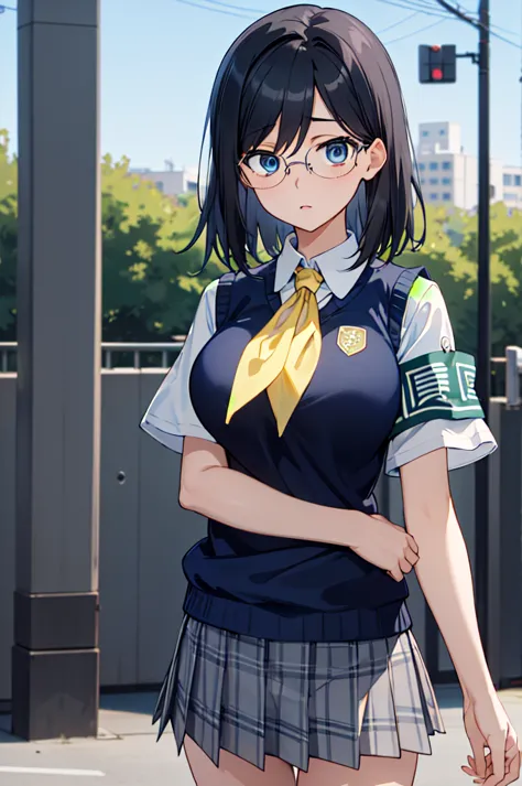 masterpiece, best quality, highres, aamii, short hair, black hair, blue eyes, glasses, , yellow neckerchief, collared shirt, swe...