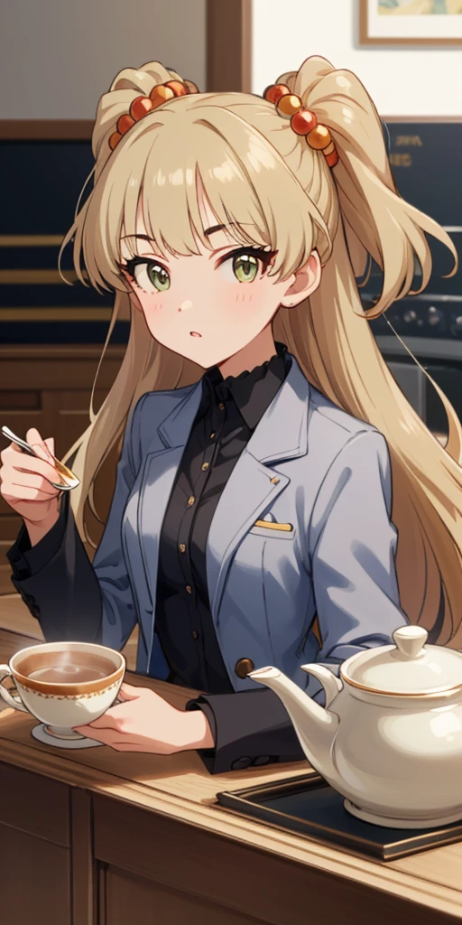 (masterpiece), best quality, (((ultra detailed, 8k quality))), expressive eyes, perfect face, perfect anatomy, perfect body, scene, aarika, long hair, two side up, hair bobbles, small breasts, business suit, upperbody, looking the viewer, sitting, holding tea, looking at the viewer, indoor,