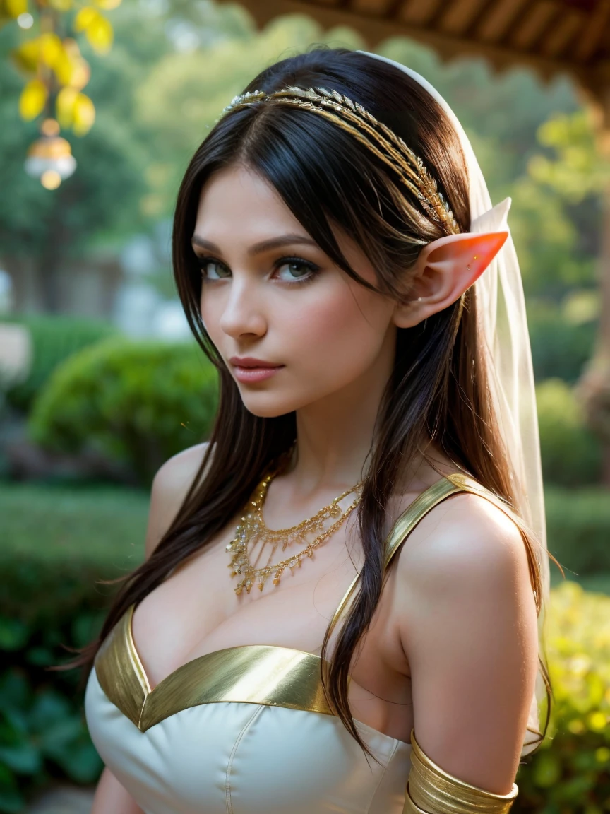 Extremely busty thin and toned brunette elf maiden, elegant woman, fair skin, loose updo, soft face, elf ears, athletic, see-through white dress, jewelry, bangles, gold accessories. detailed background, elvish garden, pavilion, elf city.