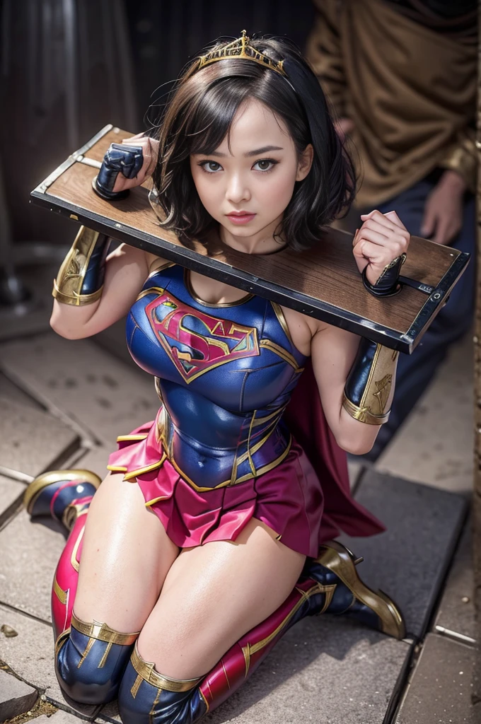 masterpiece,highest quality, 超A high resolution, (Realistic), RAW Photos, Octane Rendering, ((Wearing a Supergirl costume, Being restrained)), ((Pillory:1.5)), ((Detailed Pillory)), Flail on the head, Flail on the hands, Flail on the neck, Flail, Confused expression:1.2, Mature Woman, (36 years old), Plump face:1.2, sexy, highest quality, Very detailed, Very accurate, One Woman, ((Wearing a Supergirl suit, Being restrained)), (An elaborate Supergirl suit, Intricate Design), ((Halter neck, Mini Pleated Skirt, Exposed thighs, Long gloves, Latex Thigh Boots, Stiletto heels,tiara)), ((Shiny Suit)), Black-haired:1.3, Short Bob Hair:1.2, Big eyes:1.3, Droopy eyes:1.2, Solid eye makeup:1.3, Large Breasts:1.1, Detailed eyes:1.4, Looking at the viewer:1.2, whole body, From above, Big full moon, Moonlit Night, Starry Sky, Pink and red interpolated colors,