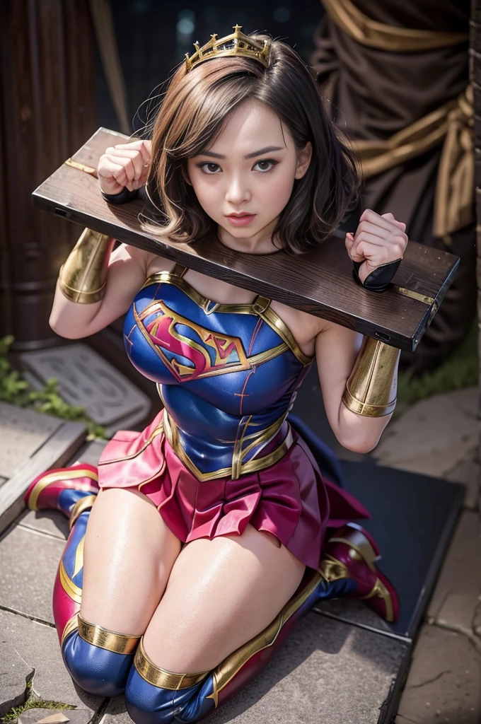 masterpiece,highest quality, 超A high resolution, (Realistic), RAW Photos, Octane Rendering, ((Wearing a Supergirl costume, Being restrained)), ((Pillory:1.5)), ((Detailed Pillory)), Flail on the head, Flail on the hands, Flail on the neck, Flail, Confused expression:1.2, Mature Woman, (36 years old), Plump face:1.2, sexy, highest quality, Very detailed, Very accurate, One Woman, ((Wearing a Supergirl suit, Being restrained)), (An elaborate Supergirl suit, Intricate Design), ((Halter neck, Mini Pleated Skirt, Exposed thighs, Long gloves, Latex Thigh Boots, Stiletto heels,tiara)), ((Shiny Suit)), Black-haired:1.3, Short Bob Hair:1.2, Big eyes:1.3, Droopy eyes:1.2, Solid eye makeup:1.3, Large Breasts:1.1, Detailed eyes:1.4, Looking at the viewer:1.2, whole body, From above, Big full moon, Moonlit Night, Starry Sky, Pink and red interpolated colors,