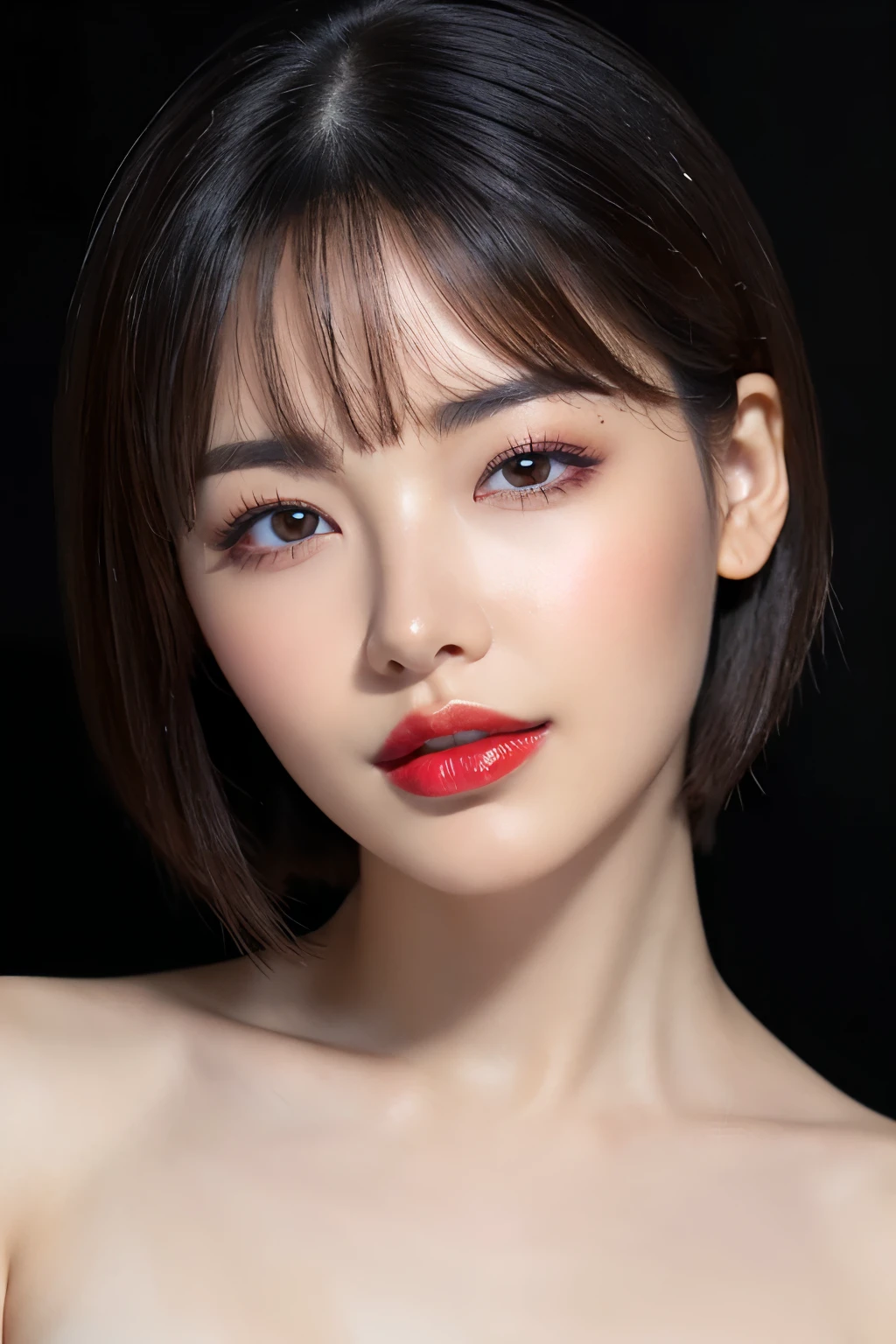 (Highest quality、Tabletop、8k、Best image quality、Award-winning works)、Cute beauty、(Short Bob Hair:1.1)、(nude:1.25)、(The simplest pure black background:1.5)、(Face close-up:1.6)、Accentuate your body lines、Beautiful and exquisite、Expressionless、(look straight at me:1.1)、(Stand upright facing forward:1.1)、(Perfect Makeup:1.1)、(Bright lipstick:1.1)、Ultra-high definition beauty face、Ultra HD Hair、Ultra HD Shining Eyes、(Closed lips:1.1)、Super high quality vibrant glossy lip、Accurate anatomy、Very beautiful skin、Ultra-high resolution for beautiful, glowing skin、An elegant upright posture when viewed from the front