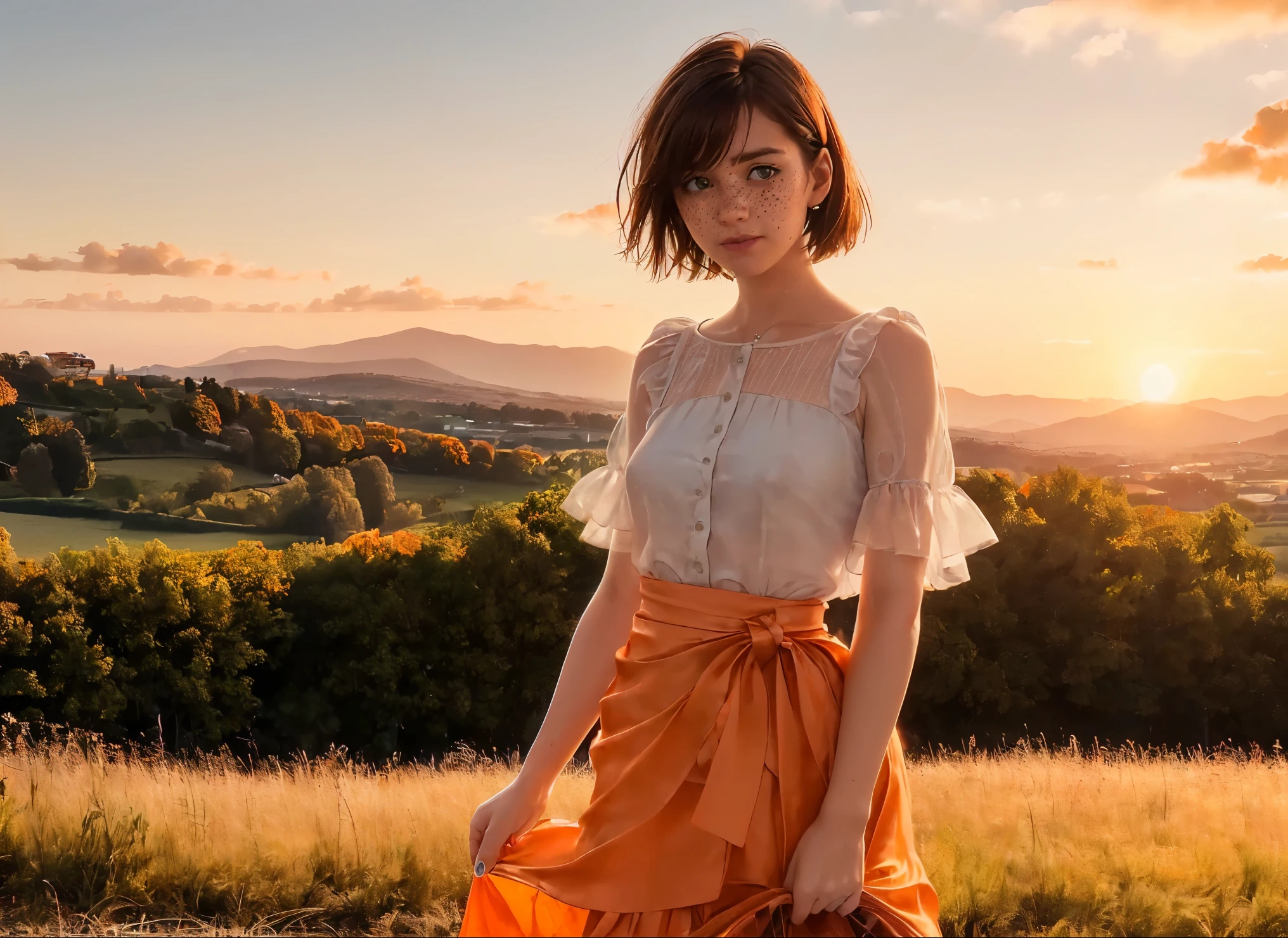 (((realistic))), (A young girl leans against the front of a vintage light orange Porsche.:1.79), Focus Girl, ((See through the white frilly shirt.:1.3), full body, (pink satin maxi skirt:1.3), Nudity, (Sweating)), (Panties flashing:1.2), 25 years old, (beautiful puffy clouds,  sunset sky), (sunset, lush autumn hill background:1.5), (small breasts, thin, ร่างกายthin, Swollen nipples:1.3), (photography, realistic, Bokeh, blur), ((short wavy bob cut)), (Fire Sematic, Weak fire:1.3)