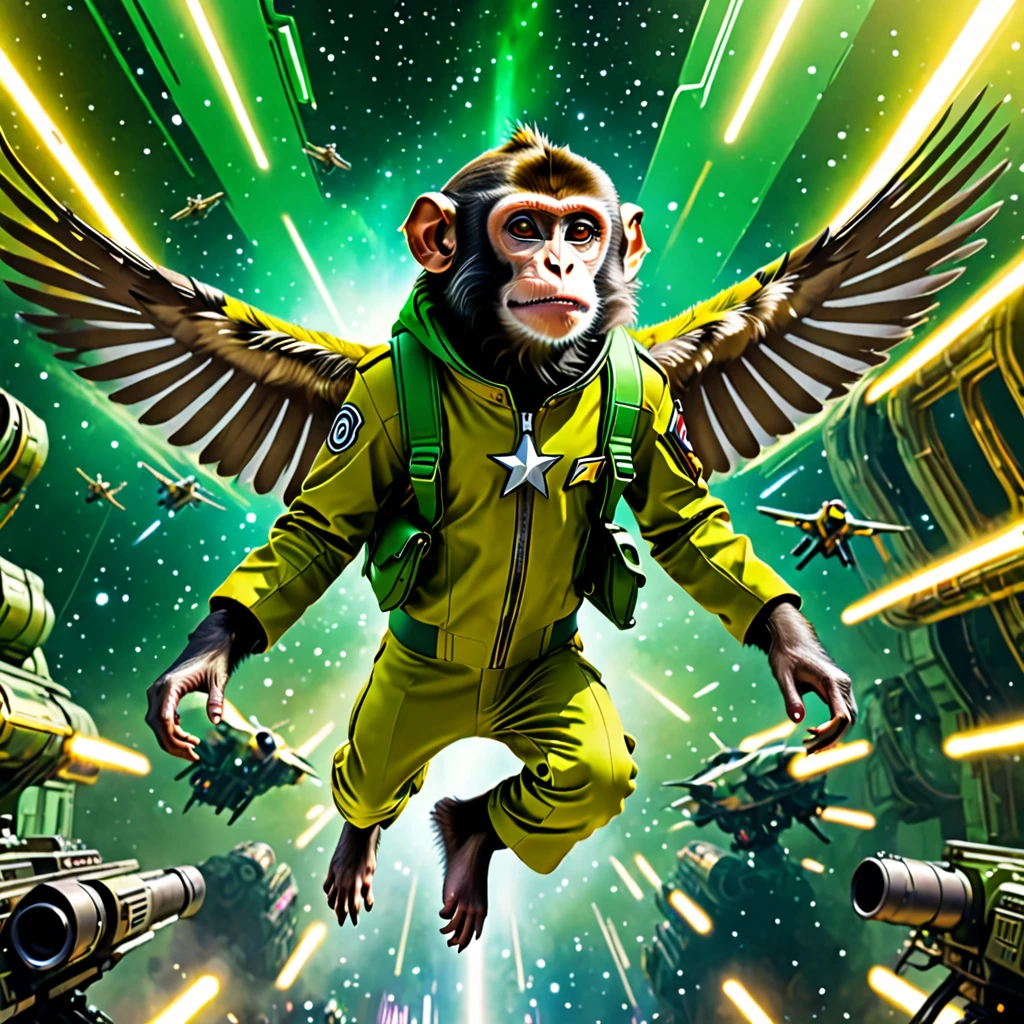 A monkey flying in the galaxy with fascist dictator clothes, militay clothes, yellow and green clothes, Brazilian monkey, galaxy, ultra quality, 8K, perfect details, cinematic light, afrofuturism