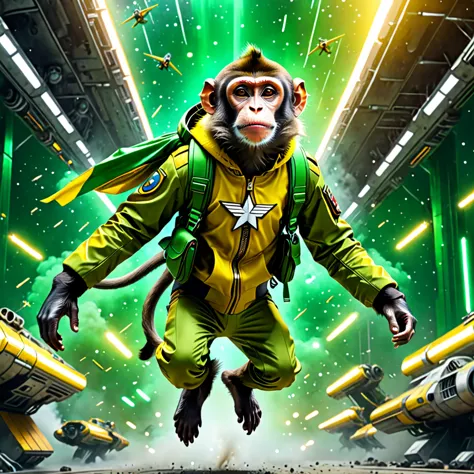 a monkey flying in the galaxy with fascist dictator clothes, militay clothes, yellow and green clothes, brazilian monkey, galaxy...