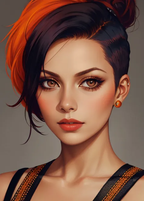 portrait of sks woman by flora borsi, style by flora borsi, bold, bright colours, orange mohawk haircut, ((flora borsi)),