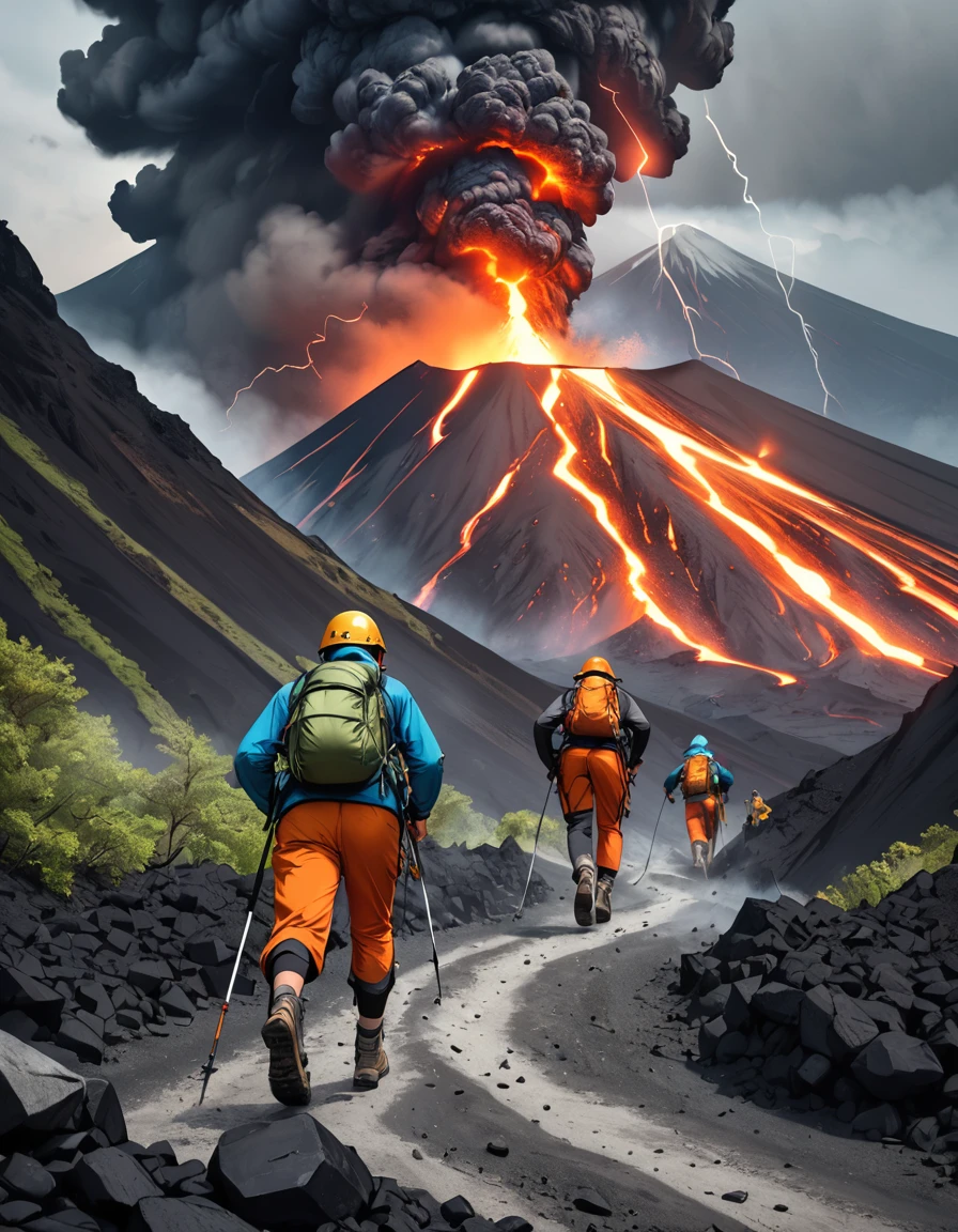 兩名地質學家勉強逃離噴發的火山, 一臉恐懼, 洶湧的火山, 散落的火山岩, 火山灰, 黑羽, 發光的火山閃電, 佈滿岩石的健行小徑, 兩名地質學家逃跑, 照顧他們的背部, 穿著大地色登山服, 登山者風格, 灰燼和煙霧的陰暗景象, 喚起自然威脅的構圖, 火山山脈