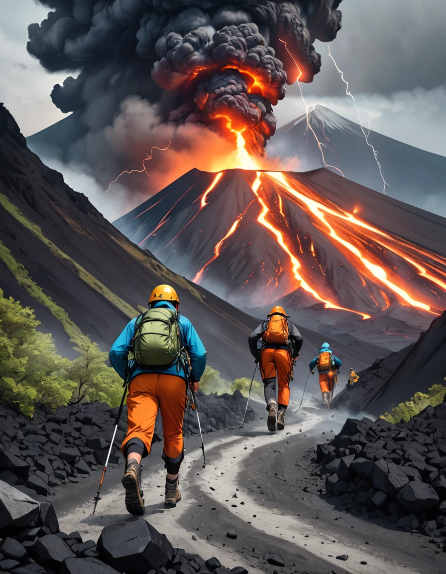 Dos geólogos escapan a duras penas de un volcán en erupción, Una cara de miedo, Volcán furioso, Dispersión de rocas volcánicas, ceniza volcánica, penacho negro, Relámpago volcánico brillante, Una ruta de senderismo llena de rocas, Dos geólogos huyendo, cuidando sus espaldas, Vistiendo ropa de montañismo color tierra, Estilo escalador, Una escena lúgubre de cenizas y humo., Una composición que evoca la amenaza de la naturaleza., Montañas volcánicas