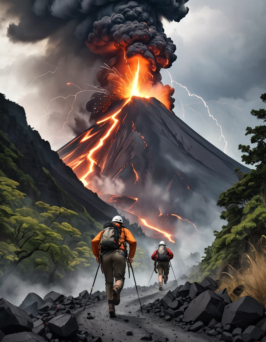 Dois geólogos escapam por pouco de vulcão em erupção, Uma cara de medo, Vulcão Furioso, Espalhando rochas vulcânicas, cinzas vulcânicas, Pluma Negra, Relâmpago vulcânico brilhante, Uma trilha de caminhada repleta de pedras, Dois geólogos fugindo, cuidando de suas costas, Vestindo roupas de montanhismo cor de terra, Estilo alpinista, Uma cena sombria de cinzas e fumaça, Uma composição que evoca a ameaça da natureza, montanhas vulcânicas