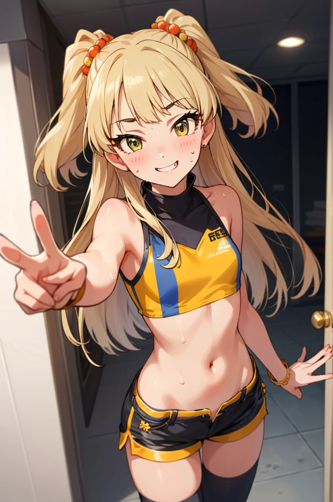 , aarika, long hair, two side up, hair bobbles, small breasts, looking viewer,evil smile,,crop top,bare arms,navel,shorts,thighhighs,(((Gyaru))),indoor,blush,sweating,peace sign,standing