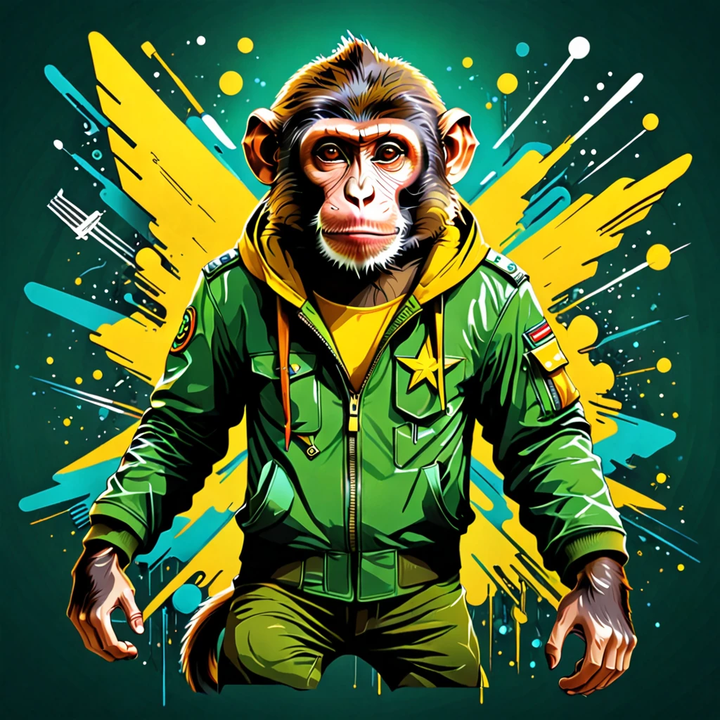 Vector t-shirt art design, centered, A monkey flying in the galaxy with fascist dictator clothes, militay clothes, yellow and green clothes, Brazilian monkey, galaxy, ultra quality, 8K, perfect details, cinematic light, afrofuturism