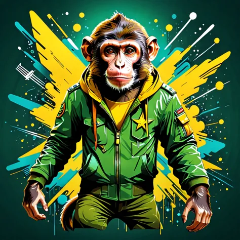 vector t-shirt art design, centered, a monkey flying in the galaxy with fascist dictator clothes, militay clothes, yellow and gr...