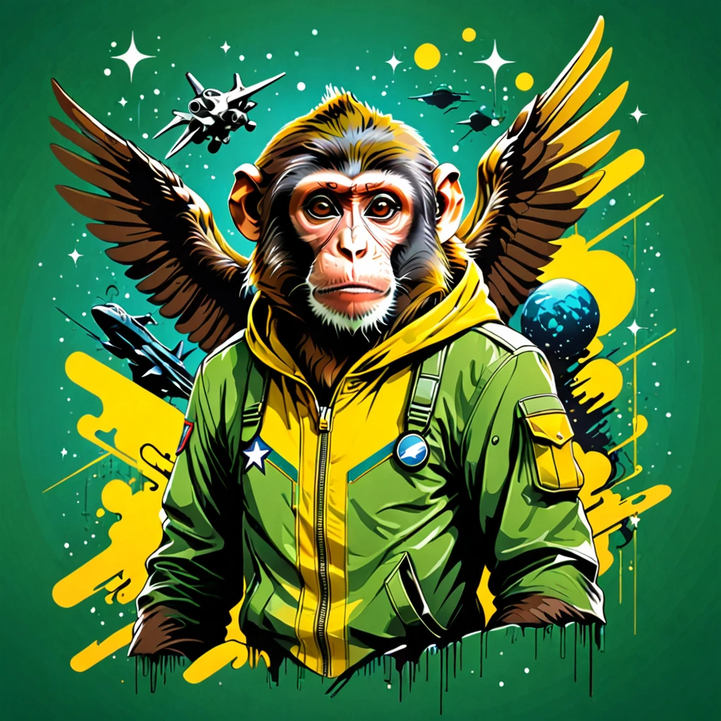 Vector t-shirt art design, centered, A monkey flying in the galaxy with fascist dictator clothes, militay clothes, yellow and green clothes, Brazilian monkey, galaxy, ultra quality, 8K, perfect details, cinematic light, afrofuturism