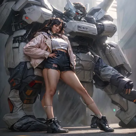 anime girl in short shorts and jacket standing next to giant robot, artwork in the style of guweiz, cyberpunk anime girl mech, t...