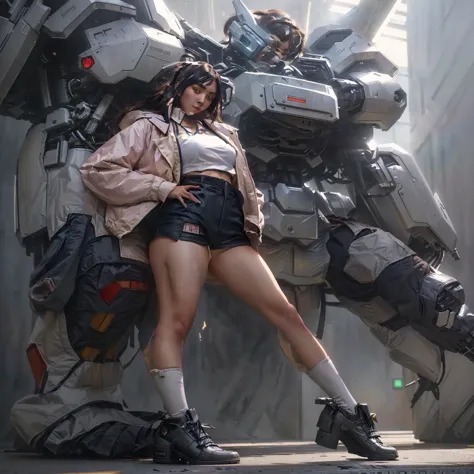 anime girl in short shorts and jacket standing next to giant robot, artwork in the style of guweiz, cyberpunk anime girl mech, t...