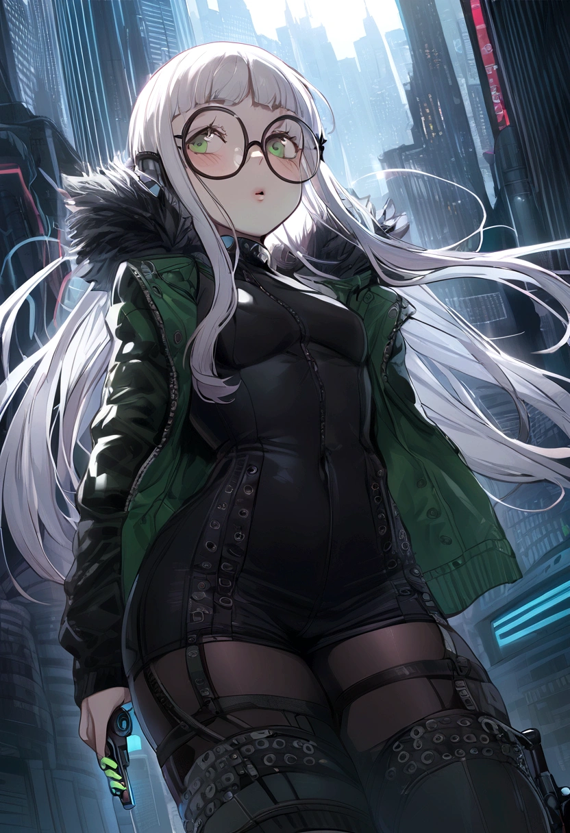 ((best quality)), ((masterpiece)), (detailed), 1girl, anime girl, city background, white hair, elf, wings, blue, punk, tech, jelly fish hair cut, holding dagger, tired, shaggy long hair, round glasses, messy, skin tight dress, looking up, computers, thigh highs, green eyes,, cyberpunk, cloak, 