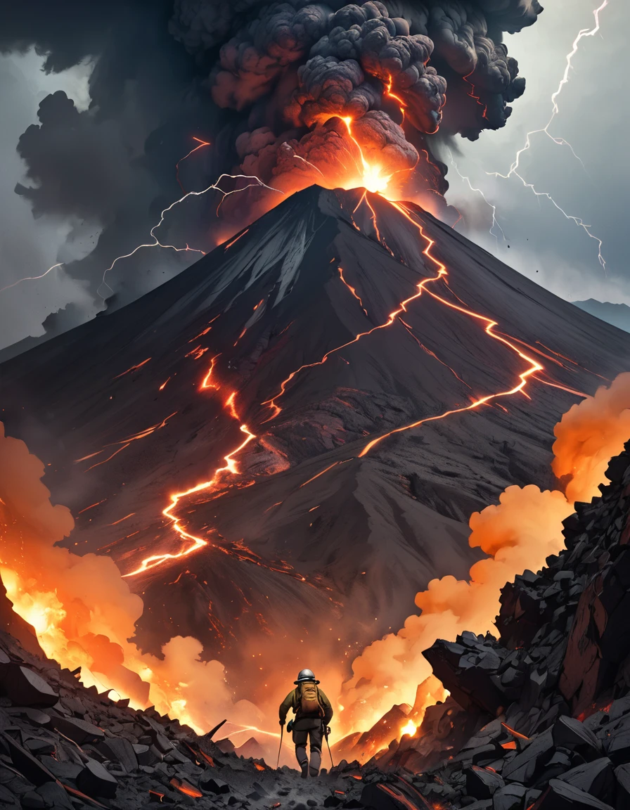 兩名地質學家為逃離猛烈噴發的火山而悲慘逃脫, 他們的臉上刻滿了恐懼, 被飛揚的碎片包圍, 滾滾灰燼, 劈啪作響的火山閃電, 和一條險惡的岩石小路, 當他們衝向安全地帶時, 穿著大地色登山服, 場面籠罩在詭異之中, 灰白的薄霧傳達出自然的原始力量, 以火山山脈為背景.