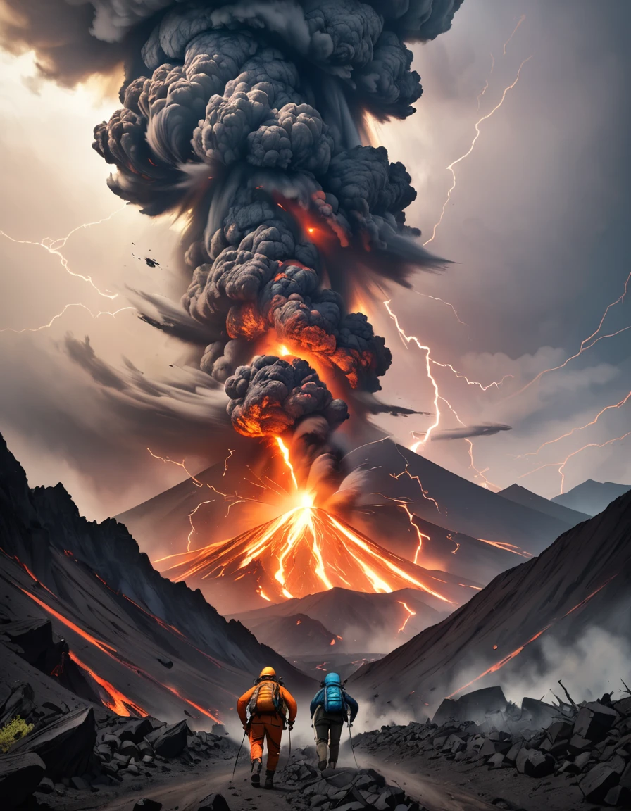 两名地质学家逃离猛烈喷发的火山，经历惊险逃生, 他们的脸上写满恐惧, 周围被飞散的碎片包围, 滚滚灰烬, 噼啪作响的火山闪电, 和一条危险的岩石小路, 当他们奔向安全的地方时, 穿着土色调的登山服装, 笼罩在诡异气氛中的场景, 灰色的雾霭传达着大自然的原始力量, 以火山山脉为背景.