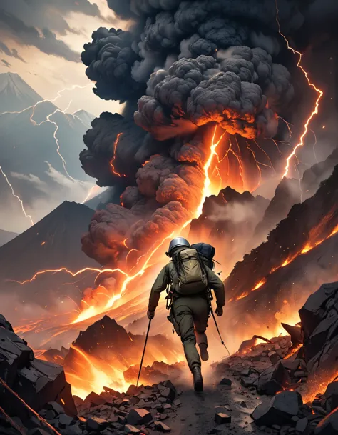 A harrowing escape of two geologists fleeing a violently erupting volcano, their faces etched with terror, surrounded by flying ...