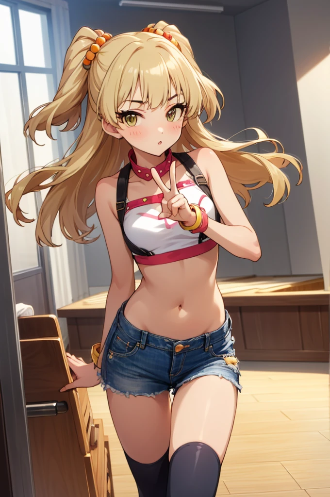 , aarika, long hair, two side up, hair bobbles, small breasts, looking viewer,,miniskirt,thigh gap,,crop top,bare arms,navel,denim skirt,thighhighs,(((Gyaru))),indoor,blush,,peace sign,standing