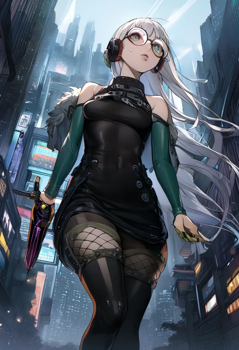 ((best quality)), ((masterpiece)), (detailed), 1girl, anime girl, city background, white hair, fairy, pixie, blue, punk, tech, j...