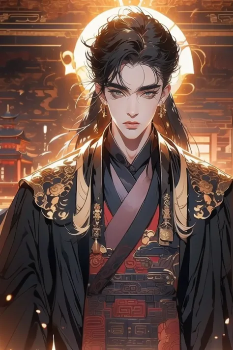 a man in a black robe, young and handsome man, ponytail, long hair, ancient Chinese clothing, qi, a huge saber, ancient Chinese ...
