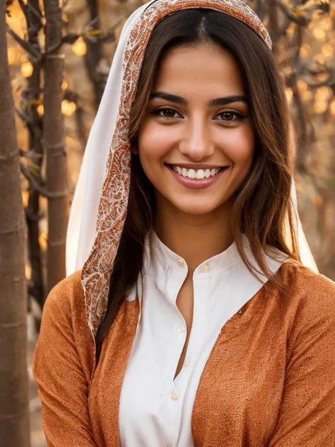 28yo, one women, cute smile, white teethes, arab, from jordan, long burnt orange shirt, light brown eyes