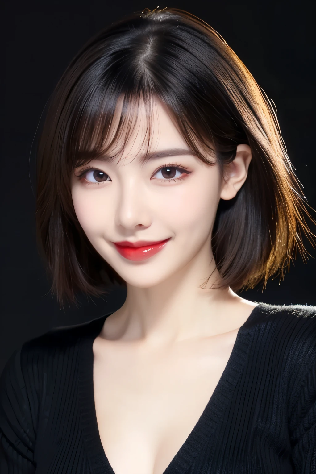 (Highest quality、Tabletop、8k、Best image quality、Award-winning works)、Cute beauty、(Short Bob Hair:1.1)、(The perfect all black V-neck long sleeve knit:1.5)、(The simplest pure black background:1.5)、(Face close-up:1.4)、(Very large breasts:1.2)、(Cleavage:1.2)、Accentuate your body lines、Beautiful and exquisite、Look at me and smile、(look straight at me:1.1)、(Perfect Makeup:1.1)、Bright lipstick、Ultra-high definition beauty face、Ultra HD Hair、Ultra HD Shining Eyes、Ultra High Resolution Perfect Teeth、Super high quality glossy lip、Accurate anatomy、Very beautiful skin、Ultra-high resolution for beautiful, glowing skin、An elegant upright posture when viewed from the front