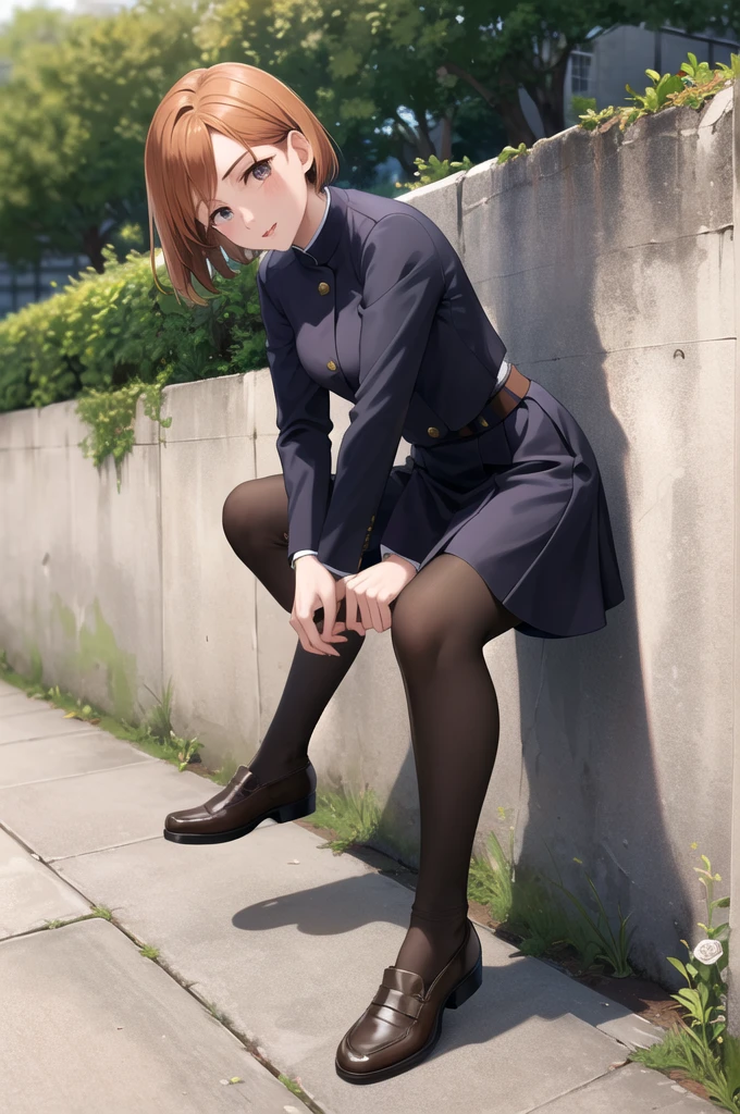 masterpiece, Highest quality, High resolution, That Rose, short hair, (Black jacket:1.2), button, Long sleeve, Black Skirt, High Waist Skirt, Black Pantyhose, squat, Outdoor, street, From the side, wall, View your viewers,Peeing