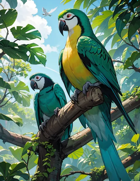 During the day, the rainforest is teeming with vibrant life.、The colorful parrots and parakeets are particularly eye-catching.。T...
