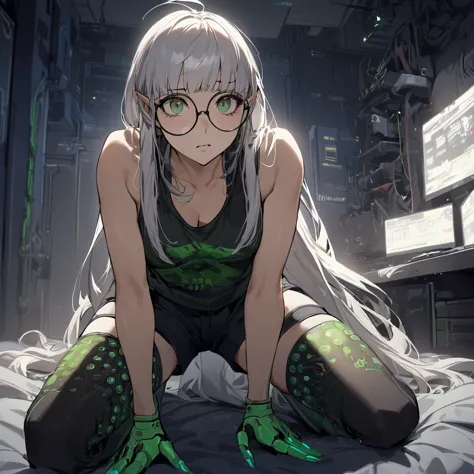 ((best quality)), ((masterpiece)), (detailed), 1girl, anime girl, smalll bed room background, sitting on knees, white hair, elf,...