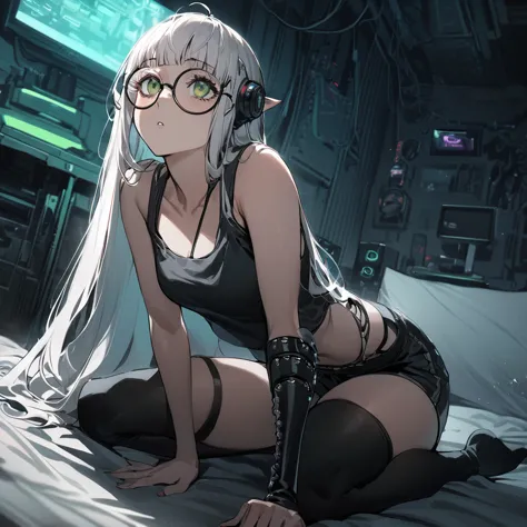 ((best quality)), ((masterpiece)), (detailed), 1girl, anime girl, smalll bed room background, sitting on knees, white hair, elf,...