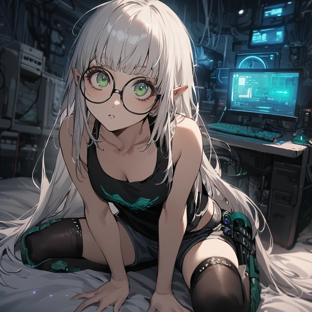 ((best quality)), ((masterpiece)), (detailed), 1girl, anime girl, smalll bed room background, sitting on knees, white hair, elf, blue, punk, tech, jelly fish hair cut, dagger, tired, shaggy long hair, round glasses, messy, tank top and shorts, looking up, computers, thigh highs, green eyes,, cyberpunk