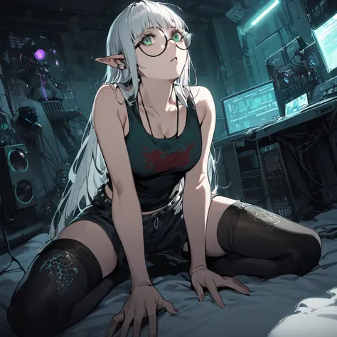 ((best quality)), ((masterpiece)), (detailed), 1girl, anime girl, smalll bed room background, sitting on knees, white hair, elf,...