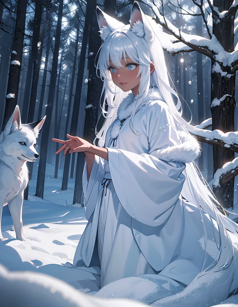 In the mysterious forest, Snow-white fox swims gracefully, his fur shimmers silvery white, and his eyes reveal wisdom and mystery. It is best to depict a side border, facing line of sight, and he loves the artistic style and infectious imagery.