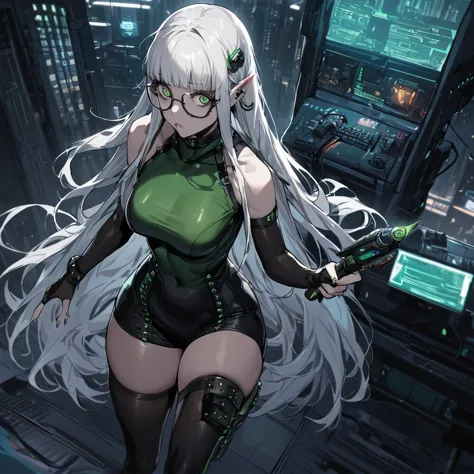 ((best quality)), ((masterpiece)), (detailed), city background, white hair, elf, blue, punk, tech, jelly fish hair cut, holding ...