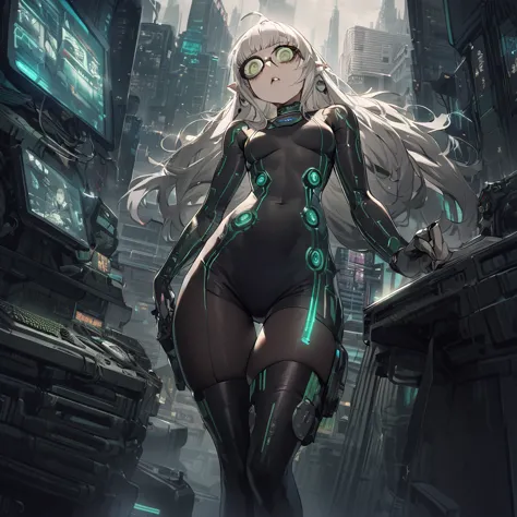 ((best quality)), ((masterpiece)), (detailed), city background, white hair, elf, blue, punk, tech, jelly fish hair cut, holding ...